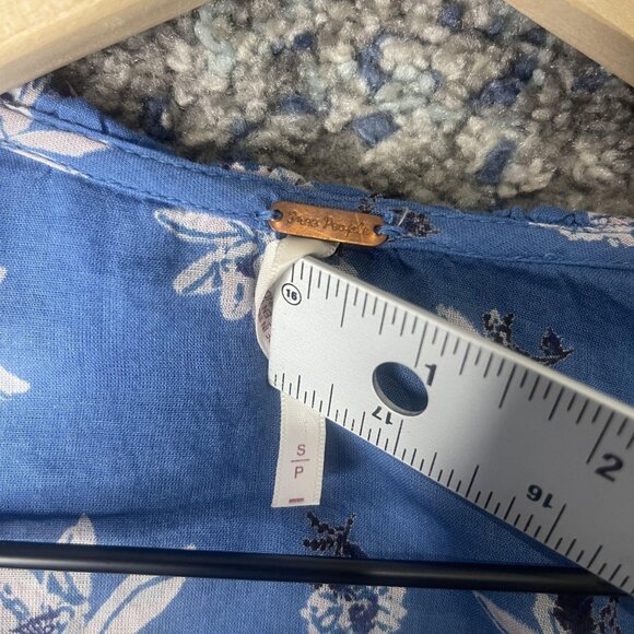 Free People Shirt Womens Small Blue Floral Long Sleeve Ruffle Wrap Boho Cotton - Picture 4 of 7
